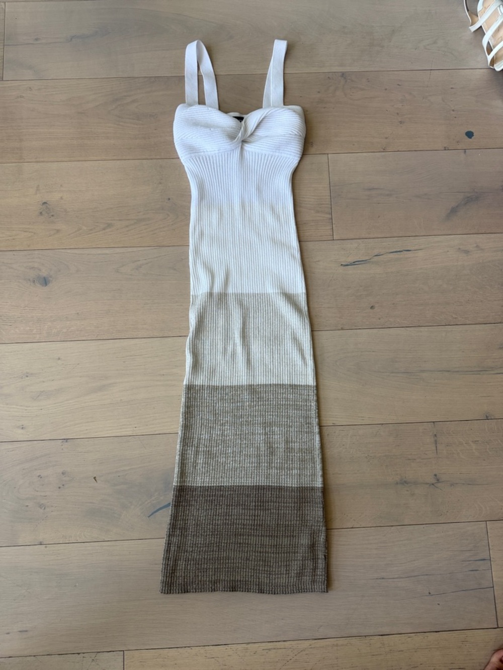 Express Twist Front Ribbed Maxi Dress in Cream and Brown
